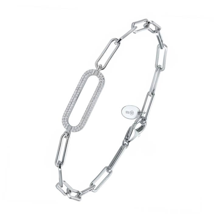 Ovales silbernes Kettenarmband, besetzt mit weißem Stein @342 für den Großhandel von ORUS BIJOUX