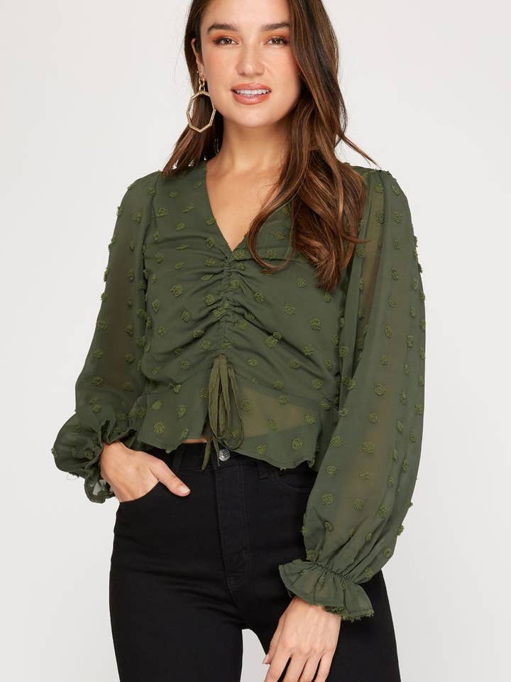 SCHWEIZISKA PRICKAR LÅNGÄRMAD DRAWSNÖRE FRAMVÄVD TOPP för wholesale av Stylish Wholesale