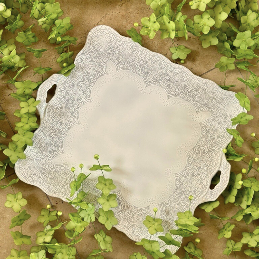 Arte Italica & Crown Linen Designs - Wholesale Platter - Merletto Antique Square Platter with Handles1