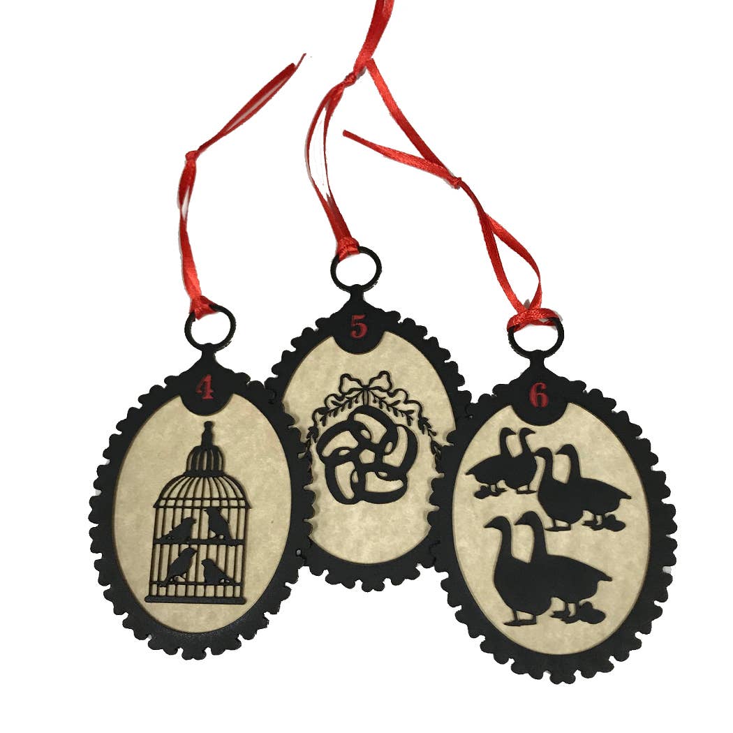 Madison Bay Co. - Historical Home Decor Reproductions - Wholesale Ornament Set - 12 Days of Christmas Silhouette Ornaments, Red Ribbon2