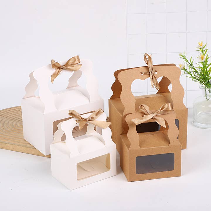 ByHome - Wholesale Gift Box - 25pcs, 2 size kraft white window wavy handle gift box ribbon