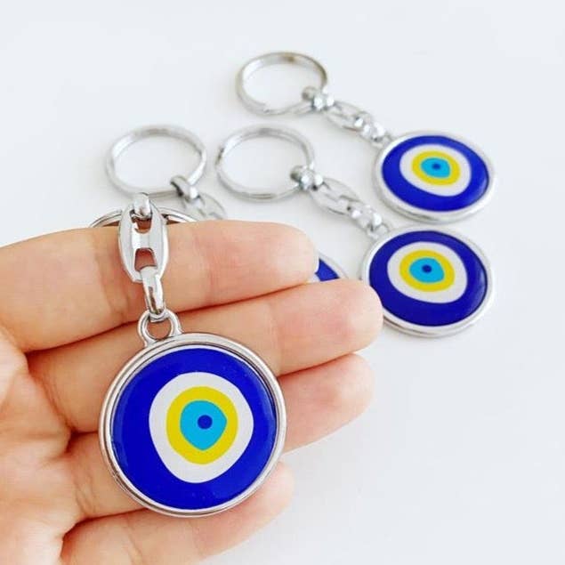 Blue Evil Eye Keychain, Silver Keychain, Minimalist Key Chain for wholesale by Evileyefavor