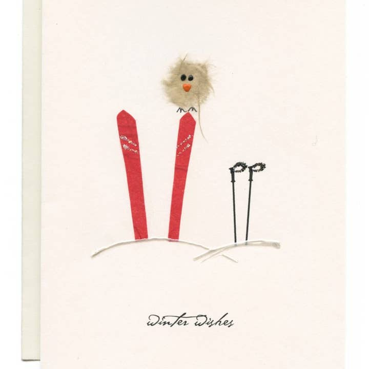 FLAUNT HANDMADE CORRESPONDENCES - Wholesale Season's Greetings Card - "Winter Wishes" Bird on Skis