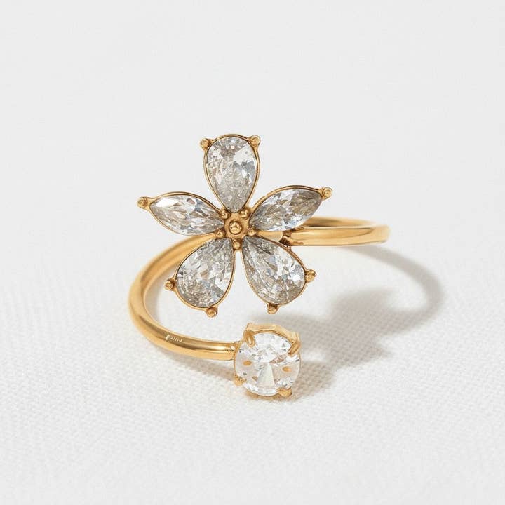 Gold Floral Open Ring with Zirconia for wholesale by paperln