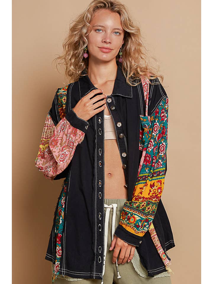 Pol Clothing - Wholesale Button Down Shirt - Women's - Balloon sleeve mixed fabric button down shirts