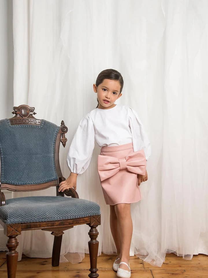 Leather Bow Skirt in Pink for wholesale by IMOIMO KIDS