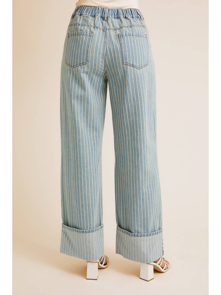 FLAP OPENING WIDE LEG STRIPE DENIM PANTS for wholesale on Faire