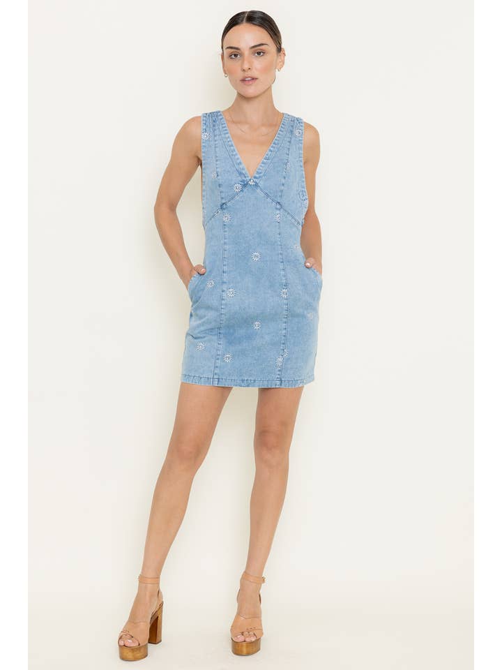 DENIM RETRO FLOWER DAISY EMBROIDERED VNECK MINI DRESS-DI9852FO for wholesale on Faire