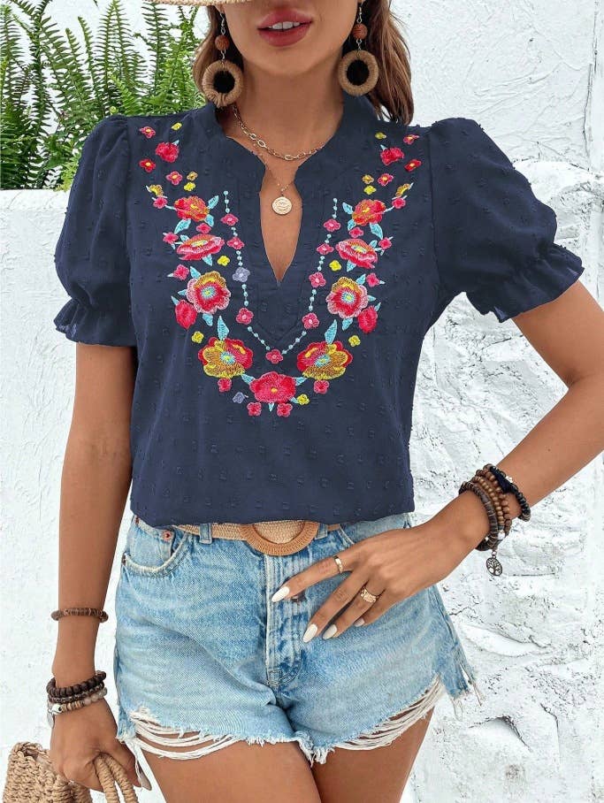 Rosa Clothing - Wholesale Blouse - Women's - Puff Sleeve Ethnic Floral Embroider Shirt5