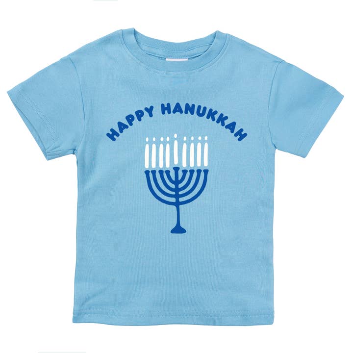 Camisa Happy Hanukkah Blue Menorah Jewish Holidays para bebés y niños para venta al por mayor de Spunky Stork