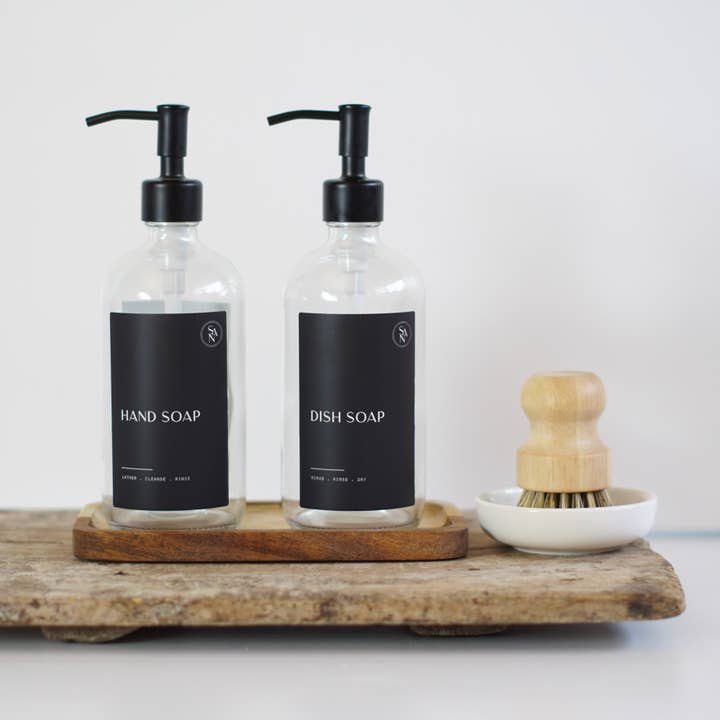 Ensemble de distributeurs de savon de cuisine en verre avec plateau et brosse à pot pour la vente par So At Nature