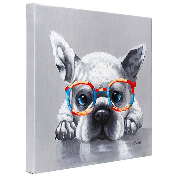 Cute French Bulldog with glasses Hand painted oil on canvas Various sizes Framed