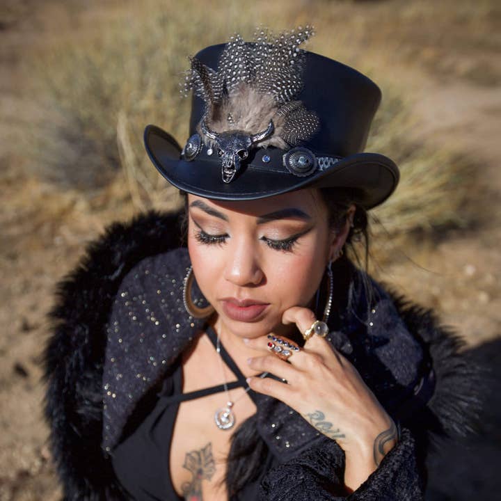 Black Genuine Leather Top Hat - Style Marlow True Grit Hat Band for wholesale on Faire