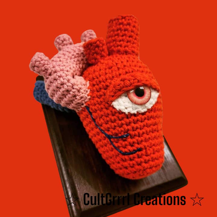 Mounted Crochet Anatomical Human Heart with Eye for wholesale by CultGrrrl Creations