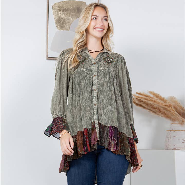 Vintage Bohemian Puffed Sleeves Button-down Duster Top PLUS for wholesale by Young Threads