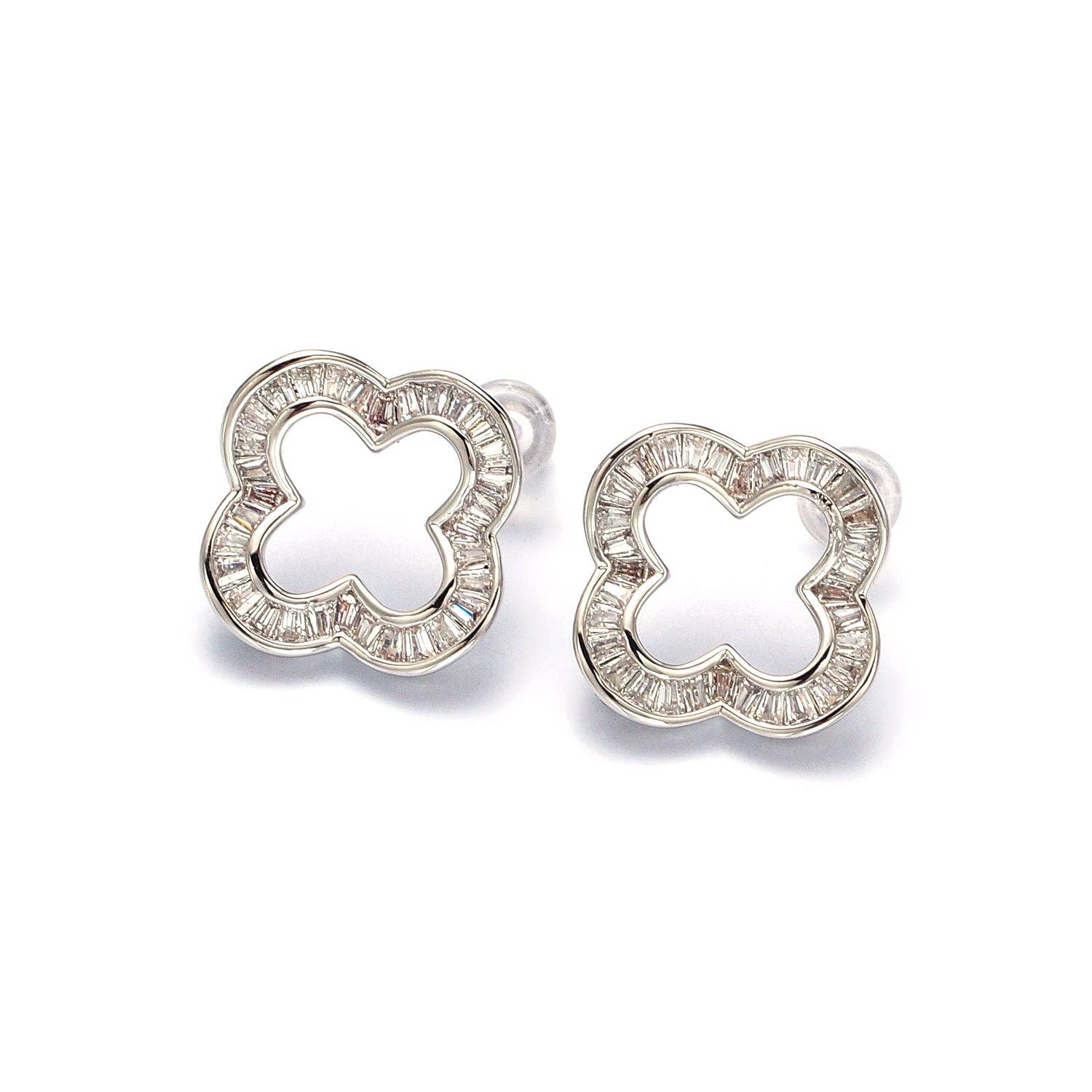 Simply Jewels - Wholesale Stud/Post Earrings - Clear Baguette Open Quatrefoil Clover Stud Earrings EA-21AB358 EA-21AB3590