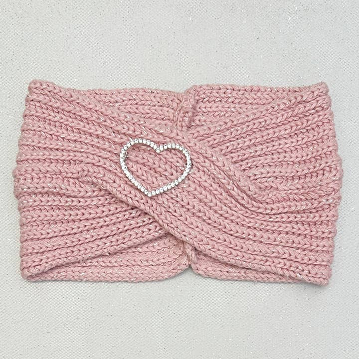 Bandeau d'hiver rose avec broche en forme de cœur en coton biologique pour la vente par QueenMee Accessories