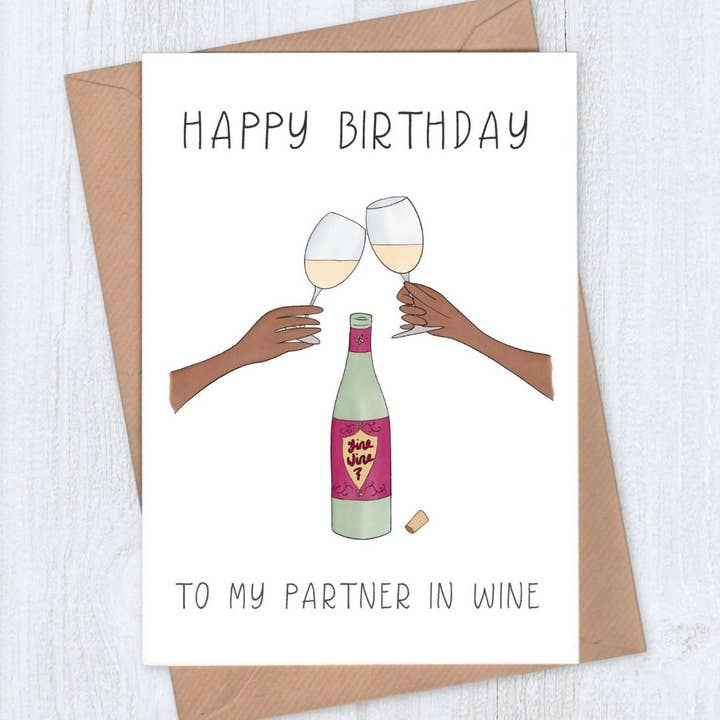 Partner in White Wine Birthday Card for wholesale by Lou Longworth