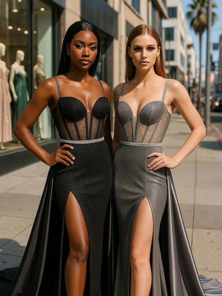 La Veneto - Wholesale Dress - Women's - Spaghetti Strap sweetheart neckline, sheer bodice, scattered0