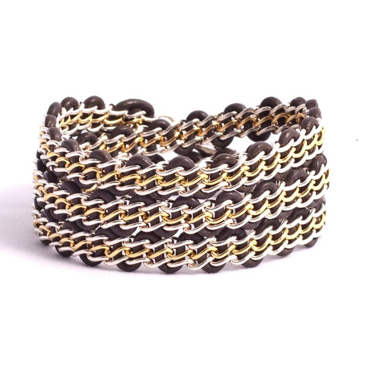 Solid Design Studios - Wholesale Link & Chain Bracelet - Braemar Wrap Bracelet — Sterling Silver & 14k Gold-Filled Chain on Grey Leather0