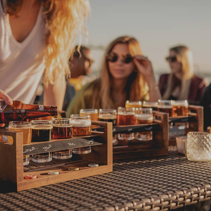 Acacia Wood Craft Beer Flight - Beverage Sampler Glass Gift Set for wholesale on Faire7