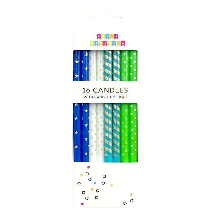 Party Partners - Vendita all'ingrosso Candeline per torte - Set di 16 candele blu e verde con motivi metallici