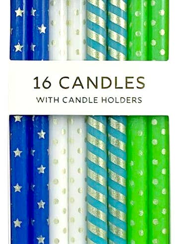 Blue & Green Metallic Patterned 16 Candle Set for wholesale by Party Partners