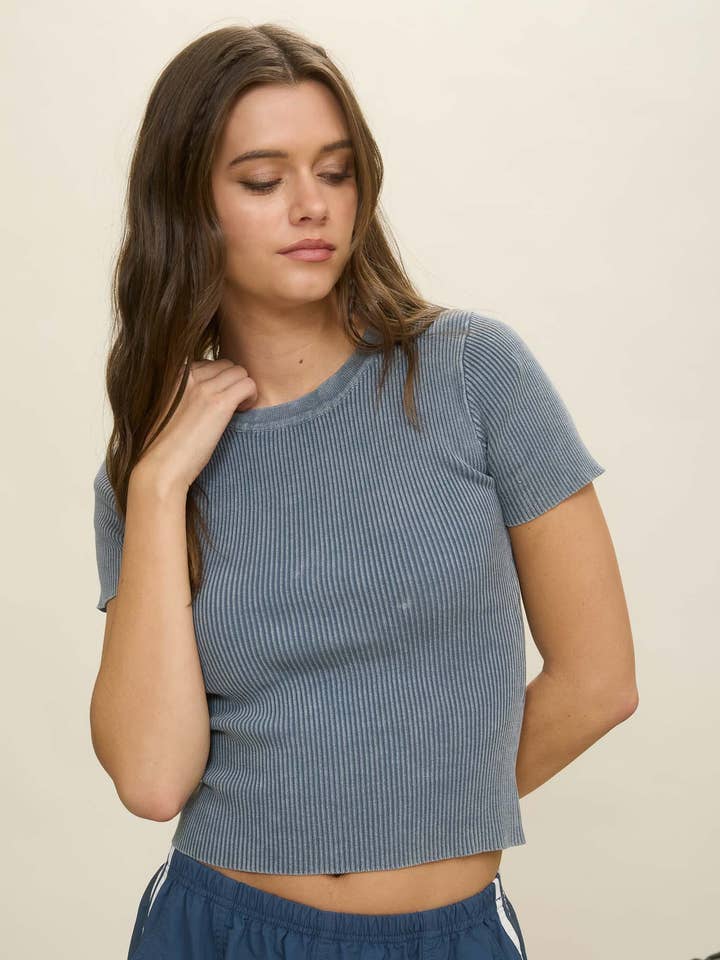 Blu Pepper - Wholesale Knit Top - Women's - WASHED RIBBED SHORT SLEEVE CROPPED KNIT TEE7