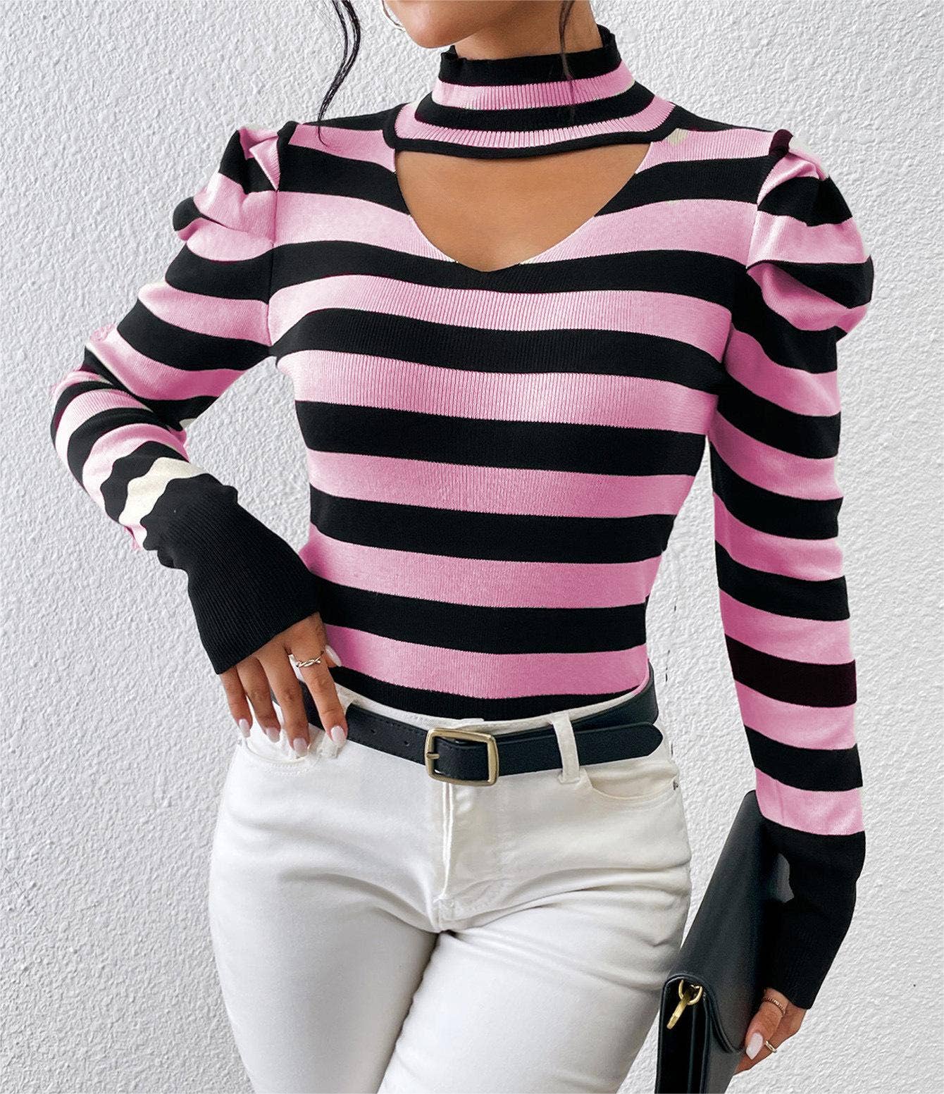 Rosa Clothing - Wholesale Knit Top - Women's - Valentine's Day knitwear cut-out basic stripe pullover top2