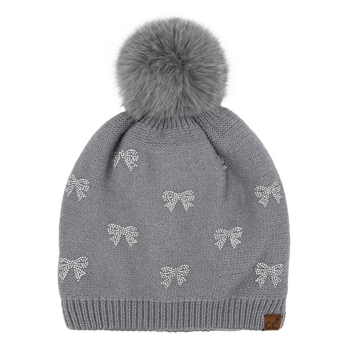 C.C Beanie - Wholesale Beanie - Women's - Allover Mini Rhinestone Bow C.C Faux Fur Pom Beanie HTE0136