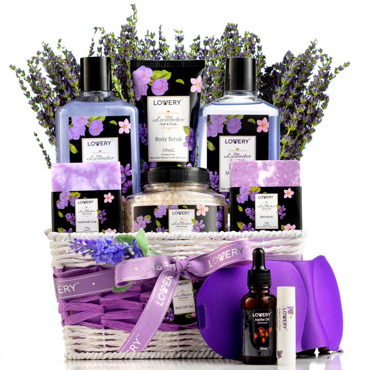 Lovery - Wholesale Bath & Body Set - Lavender & Lilac Spa Gift Basket - Aromatherapy Stress Kit