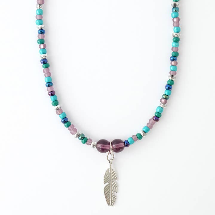 Beaded Necklace with Peacock Glass Beads for wholesale by Monague Indigenous Crafts & Gifts