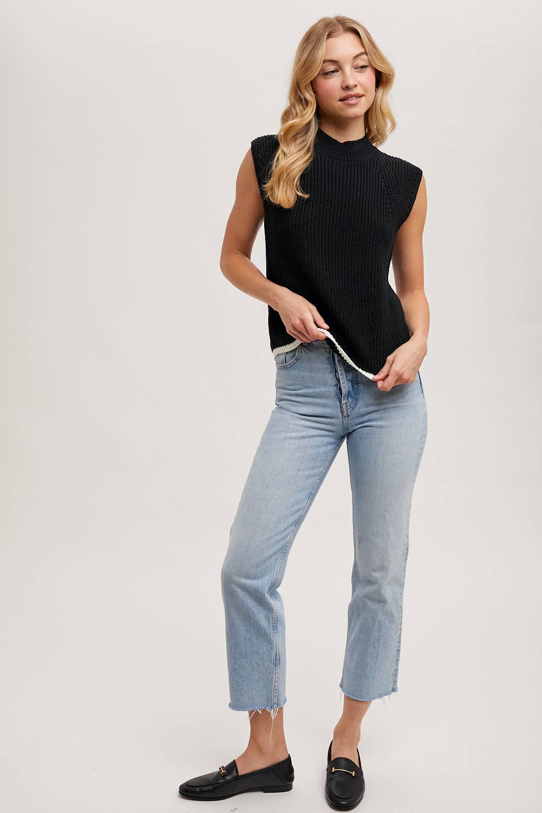 Bluivy - Wholesale Sweater Vest - Women's - MOCK KNECK CONTRAST BOTTOM HEM CAP-SLEEVED KNIT SWEATER VEST7