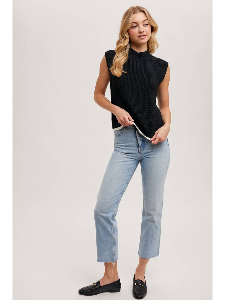 Bluivy - Wholesale Sweater Vest - Women's - MOCK KNECK CONTRAST BOTTOM HEM CAP-SLEEVED KNIT SWEATER VEST7