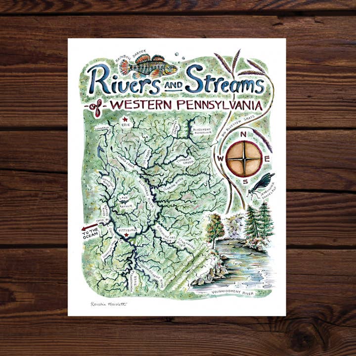 Rosalie Haizlett Illustration - Vente Affiche d'art - Bassins versants de la Pennsylvanie occidentale - Carte illustrée2