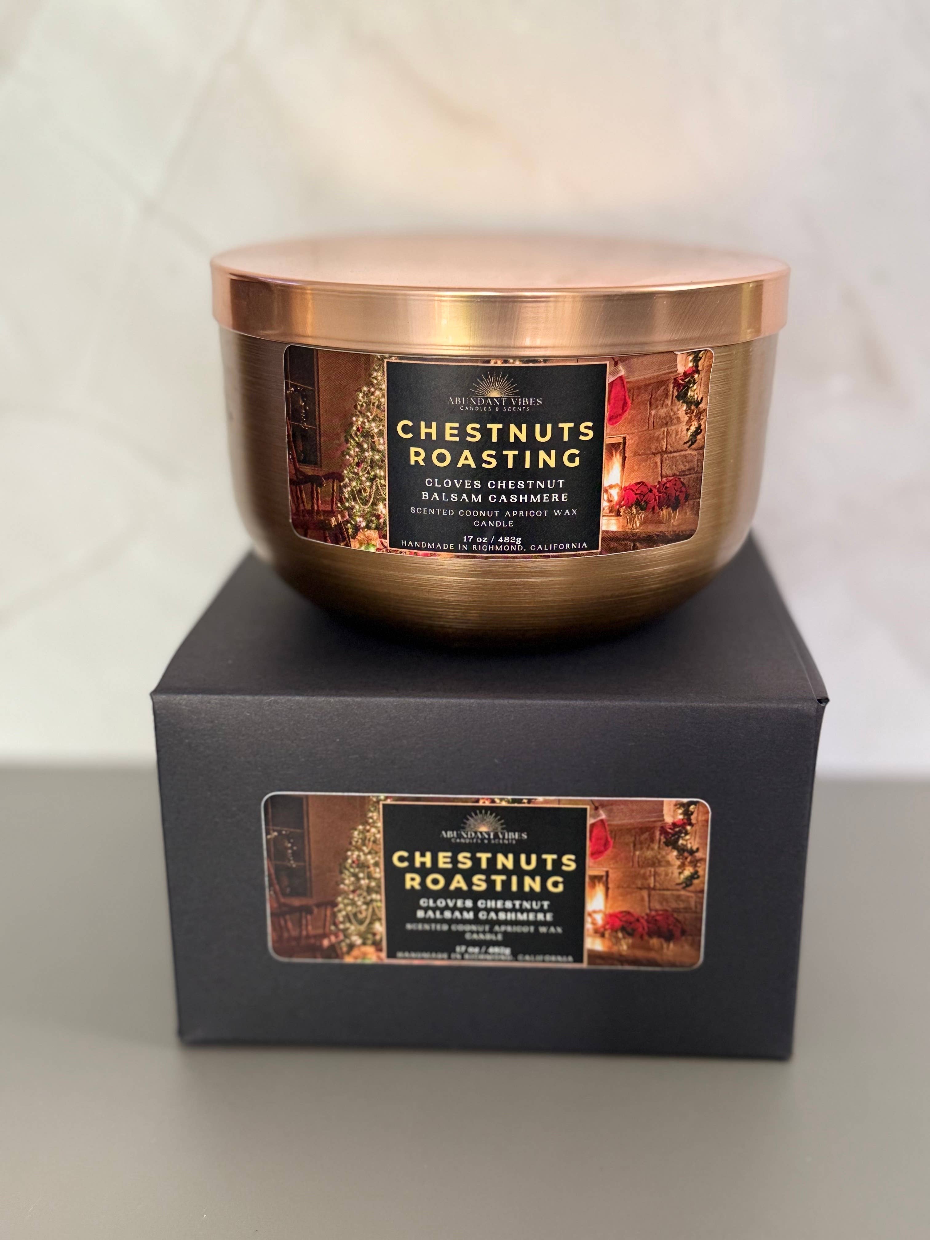 Abundant Vibes Candles & Scents - Wholesale Jar/Filled Candle - Chestnuts Roasting 17oz Candle (Chestnut + Clove + Cashmere)2