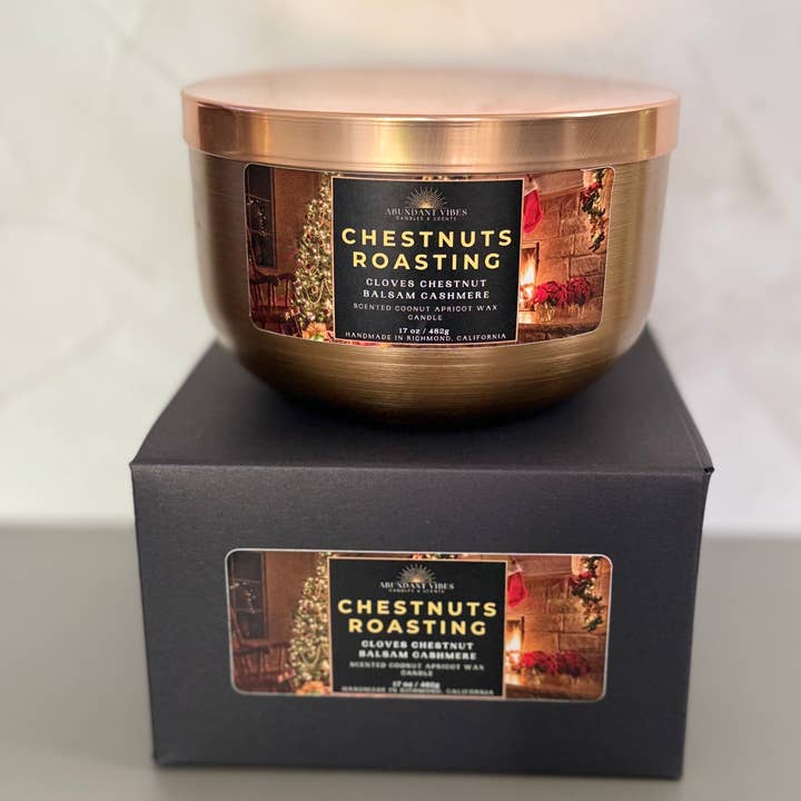 Abundant Vibes Candles & Scents - Wholesale Jar/Filled Candle - Chestnuts Roasting 17oz Candle (Chestnut + Clove + Cashmere)2