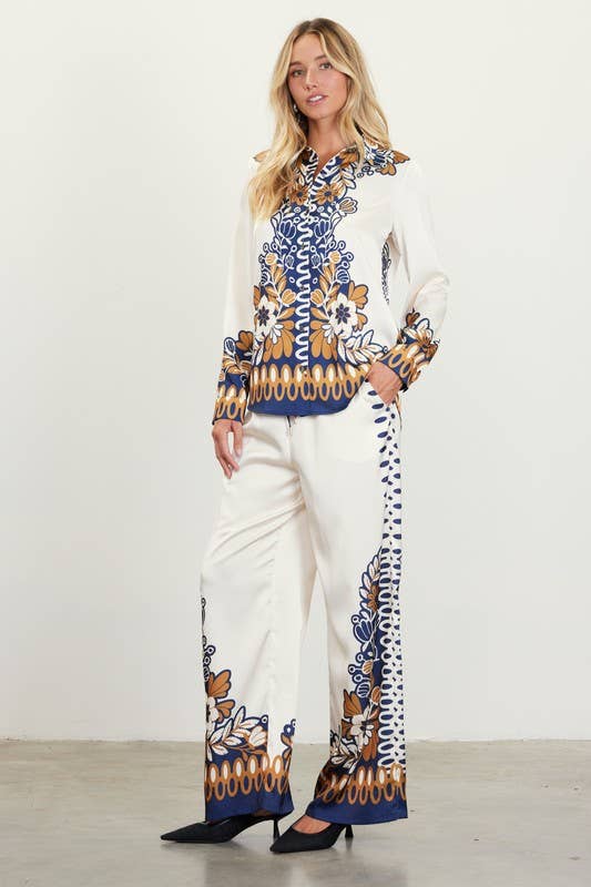 Senap-Navy Tryckt blus med kantmönster och långa ärmar med knappar för wholesale på Faire7