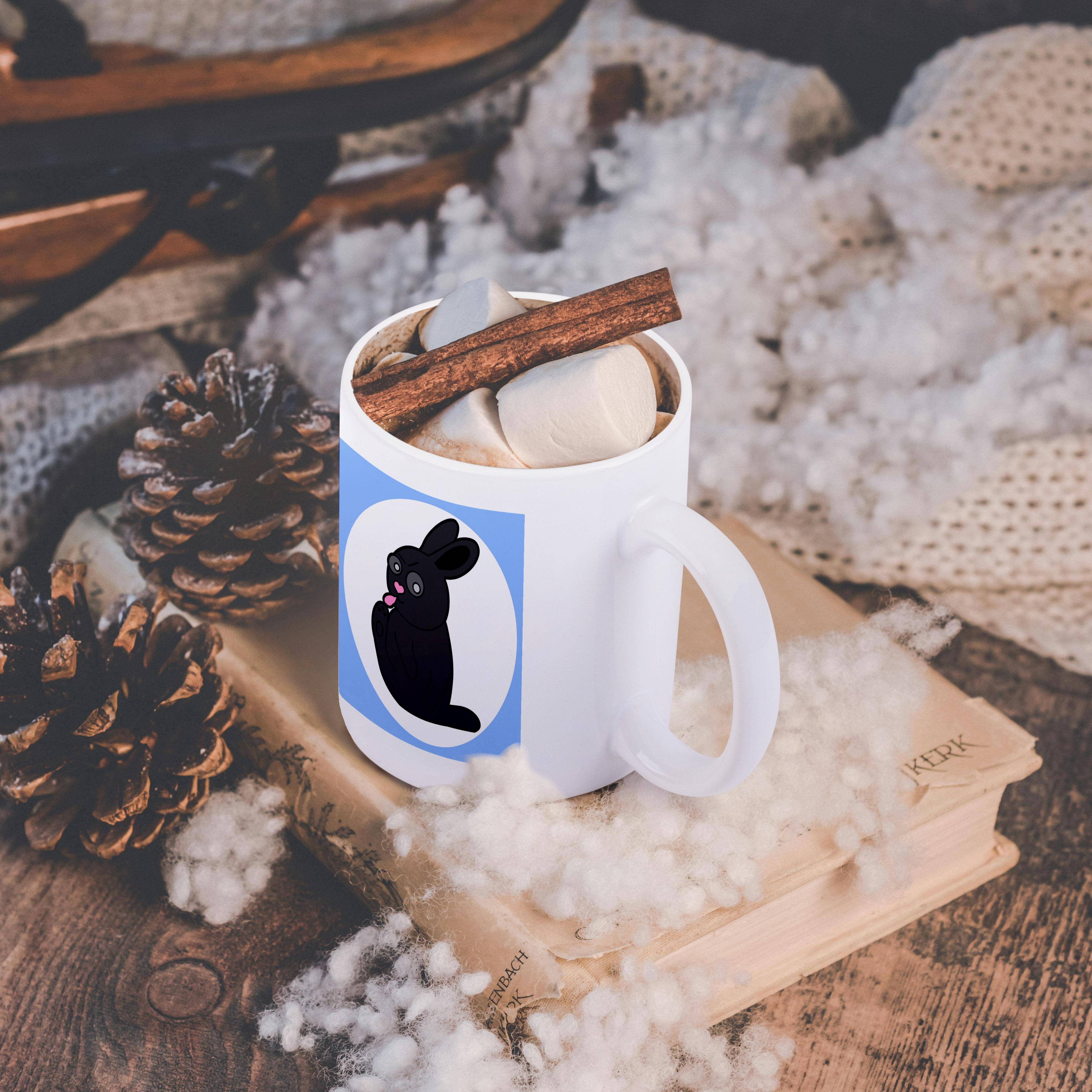 3dRose - Wholesale Coffee Mug - 3dRose, Cute Black Little Rabbit - Grumpy Bunny Cleans His Toes - Blue, Mug11