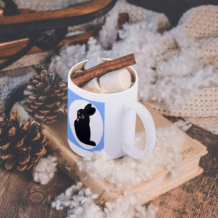 3dRose - Wholesale Coffee Mug - 3dRose, Cute Black Little Rabbit - Grumpy Bunny Cleans His Toes - Blue, Mug11