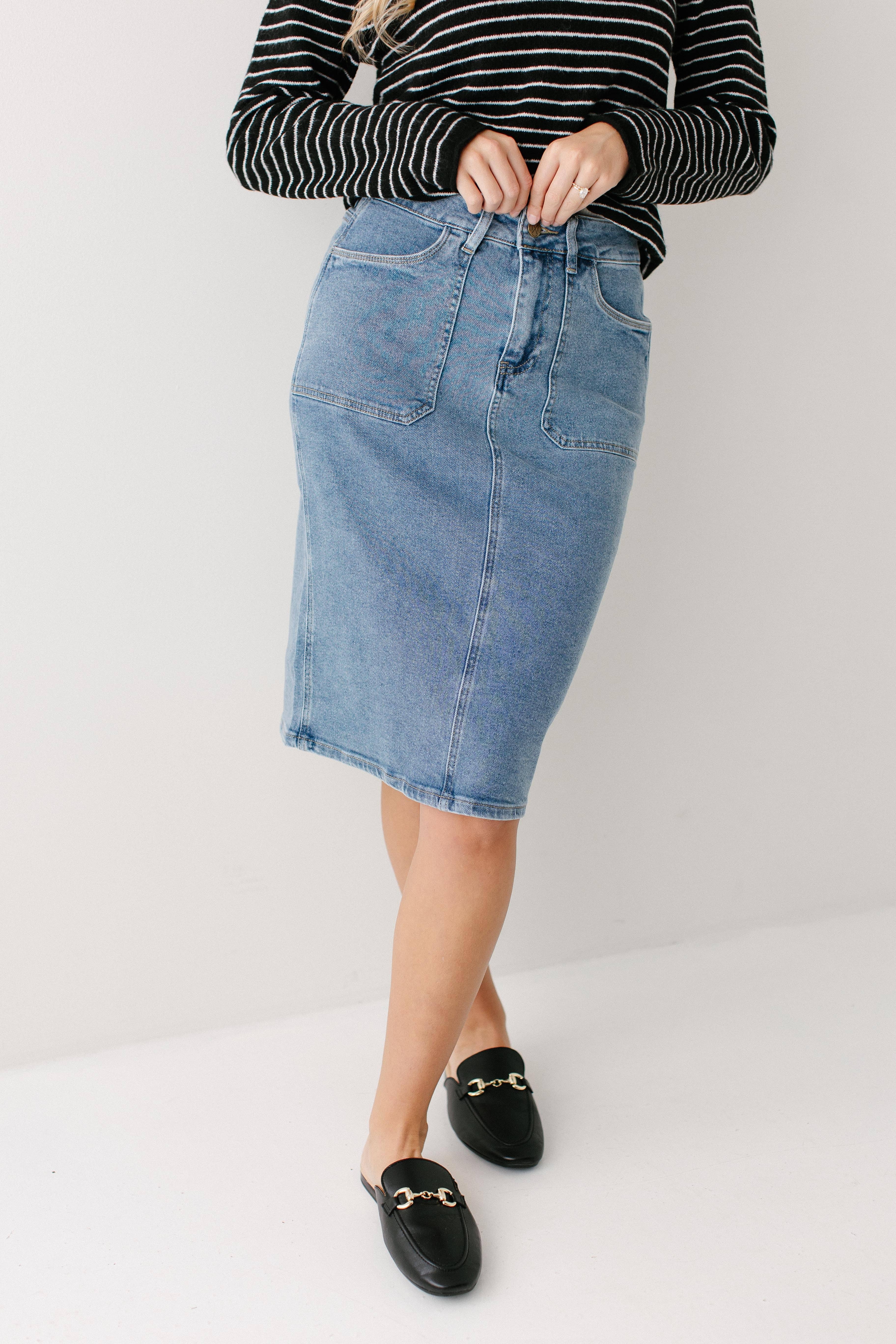 Vintage-Waschung 'Sonya' Jeansrock mit aufgesetzten Taschen und Stretch für den Großhandel auf Faire6