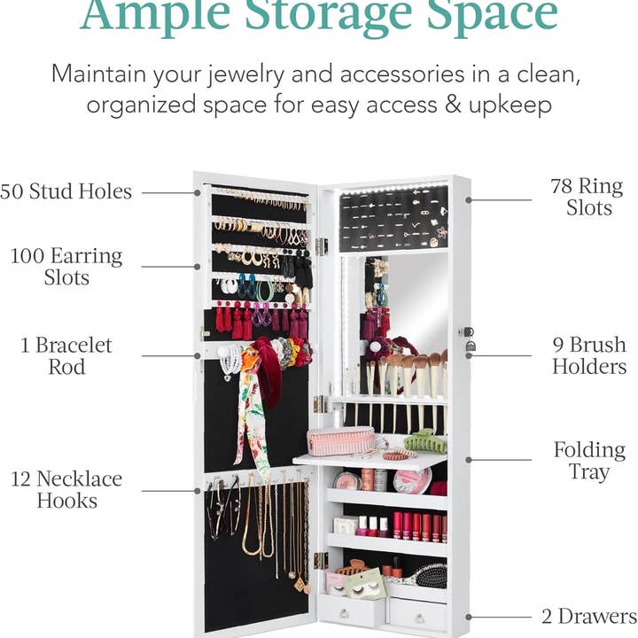 White Led Mirror Jewelry Cabinet With Lock And Drawers for wholesale on Faire3