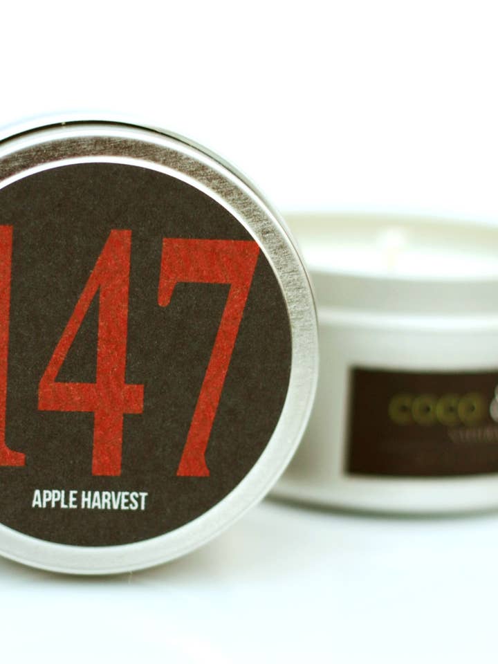 Apple Harvest Scented Soy Candle in Travel Sized Tin for wholesale by Coco & Bubbles