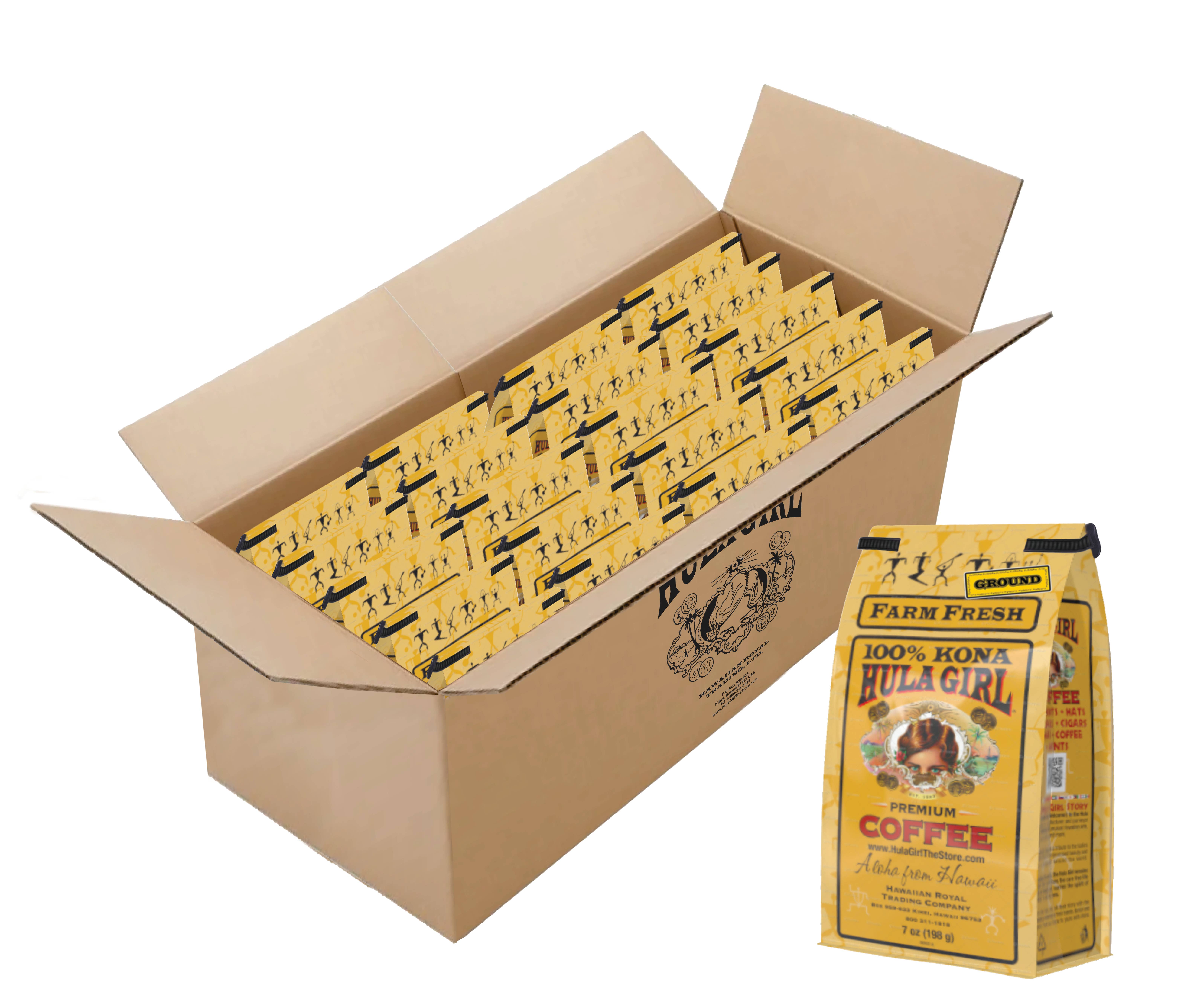 Hula Girl Products - Wholesale Coffee Beans - Hula Girl 100% Kona Coffee 7oz(198g) – Box of 6/10/20 Bags3