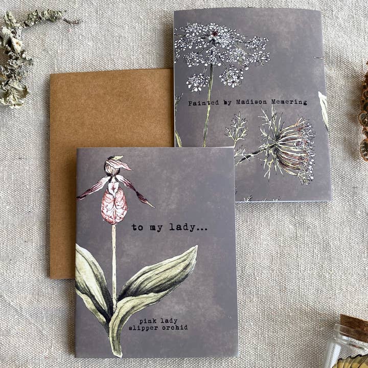 to my lady, pink lady slipper orchid flower greeting card for wholesale by Madison Memering (mamemering)