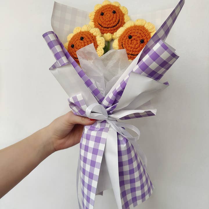 Wildflower Co. - Wholesale Artificial Flowers - Handmade Crochet Sunflower Bouquets Wrapped in Plaid