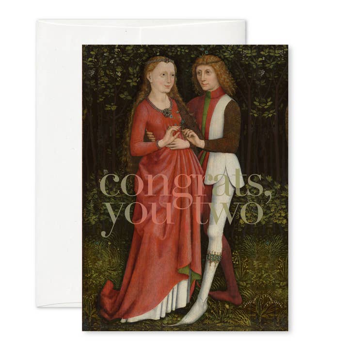 "Congrats, you two" (medieval) A6 wedding card for wholesale by Pictrix Design