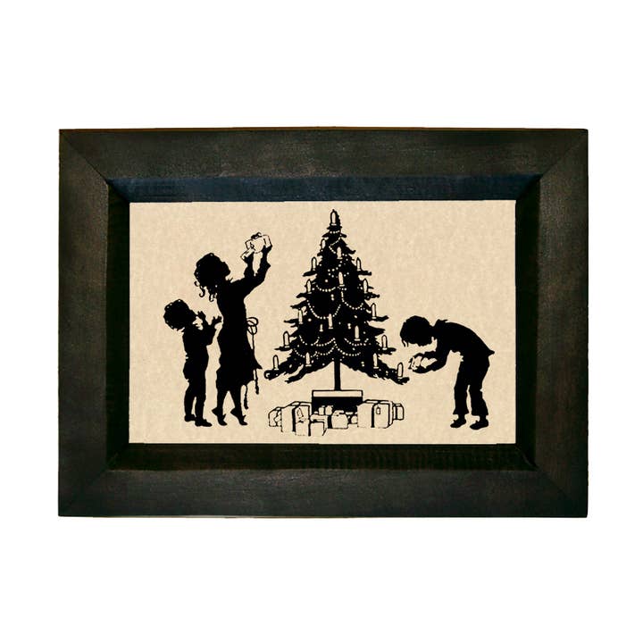 Opening Christmas Presents Printed Silhouette, Framed, 4"x6" for wholesale by Madison Bay Co. - Historical Home Decor Reproductions