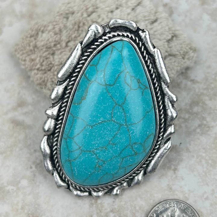RGY230225-01-BLUE Large Silver oval with blue turquoise stone stretch Ring for wholesale by Western Elite Jewelry