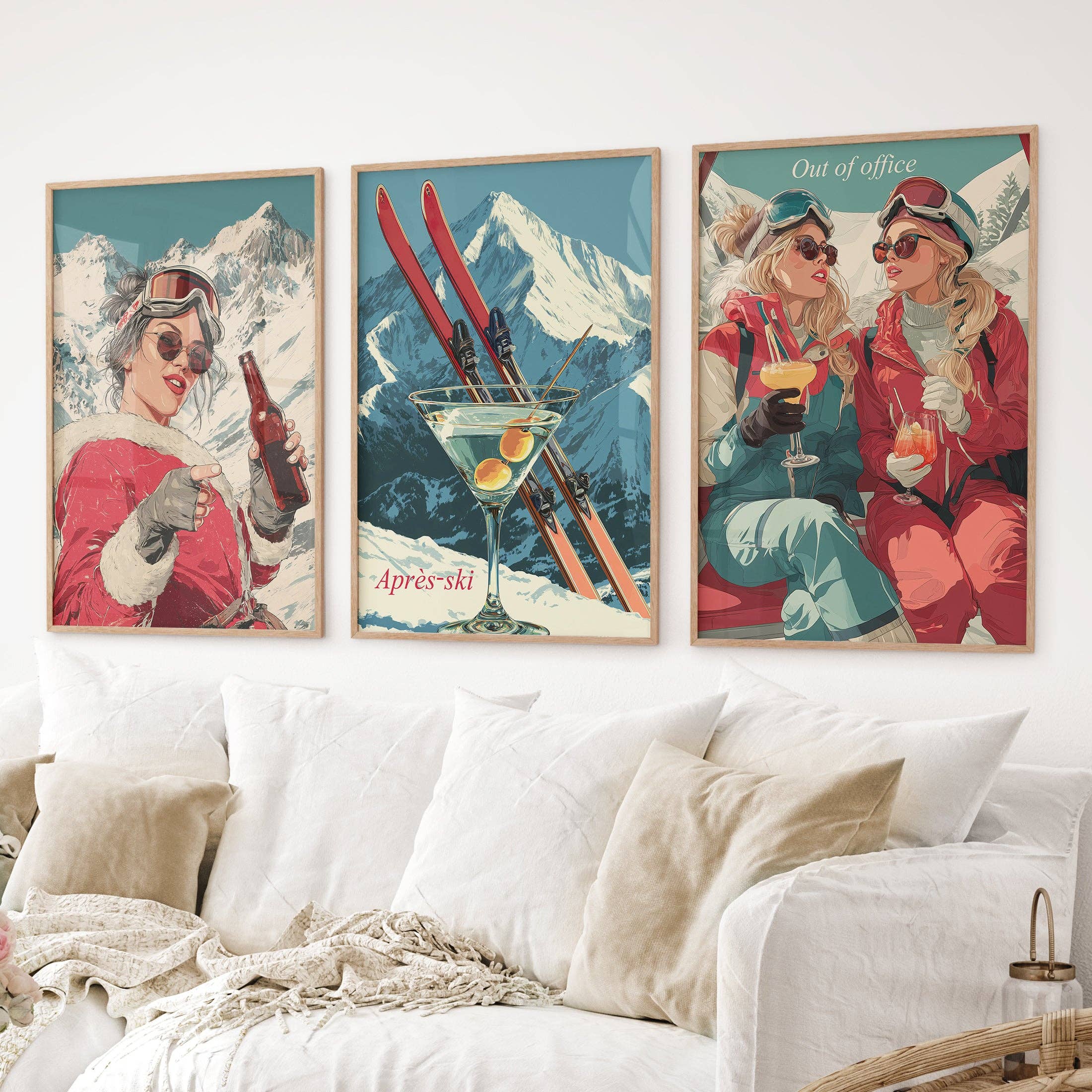 PrintSets.com - Venta al por mayor Conjunto de galería de pared - Escena de Après Ski de Invierno Arte de Pared. Conjunto de 3 Impresiones Alpinas Retro.3